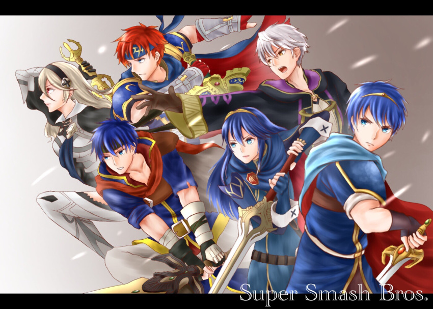 blue_armor blue_eyes blue_hair blush cape falchion_(fire_emblem) female_my_unit_(fire_emblem_if) fingerless_gloves fire_emblem fire_emblem:_akatsuki_no_megami fire_emblem:_fuuin_no_tsurugi fire_emblem:_kakusei fire_emblem:_monshou_no_nazo fire_emblem:_souen_no_kiseki fire_emblem_if gloves headband ike long_hair lucina male_my_unit_(fire_emblem:_kakusei) mamkute marth multiple_boys my_unit_(fire_emblem:_kakusei) my_unit_(fire_emblem_if) nuts0415 open_mouth pointy_ears ragnell red_eyes roy_(fire_emblem) short_hair smile super_smash_bros. sword tiara weapon white_hair