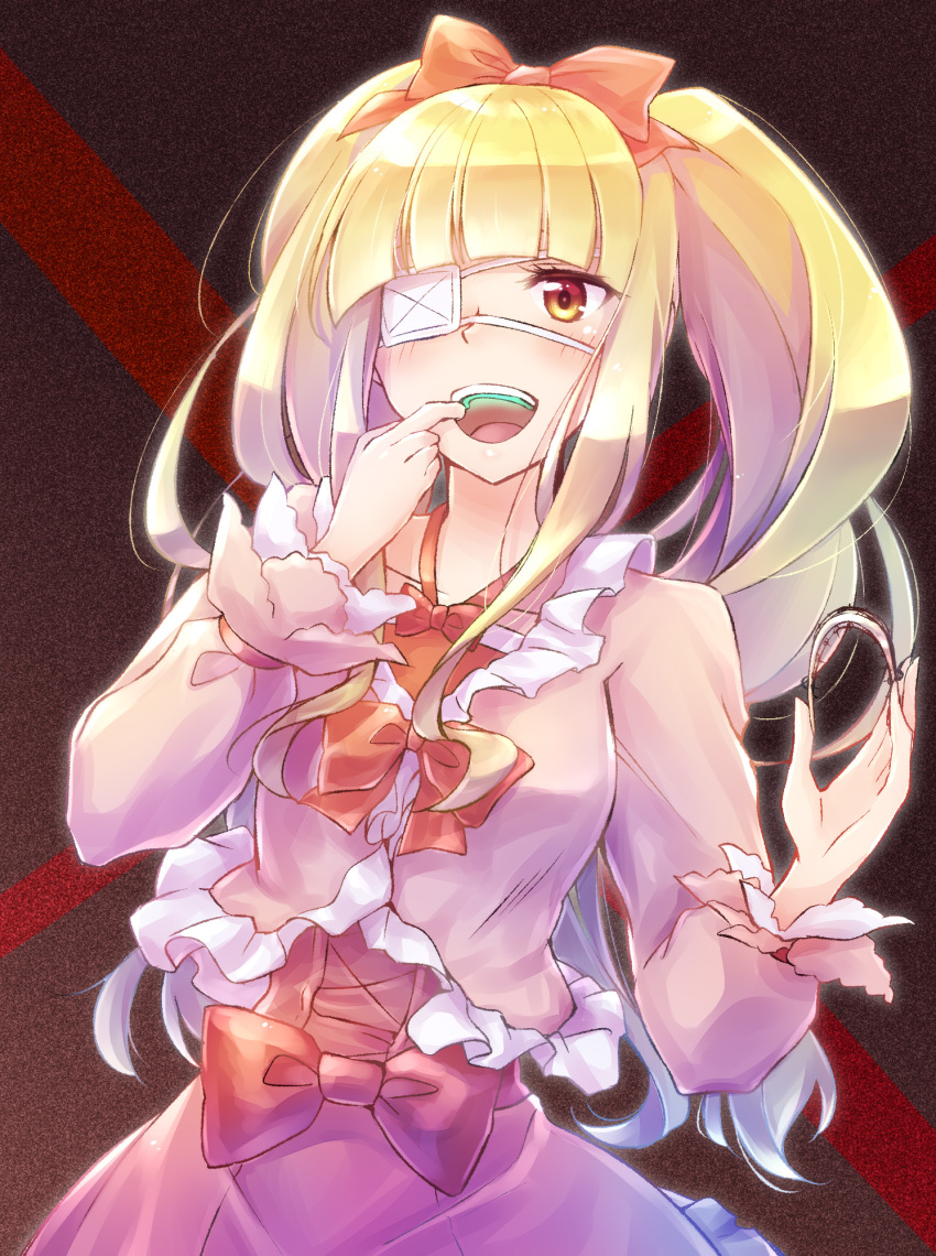 bangs blonde_hair blunt_bangs blush bow brown_eyes dorei_ku_the_animation dress eyepatch finger_in_mouth hair_bow hand_up highres long_sleeves looking_at_viewer nyaa_(nnekoron) open_mouth pink_dress puffy_sleeves red_bow simple_background solo standing toshima_ayaka_(dorei_ku_the_animation) twintails