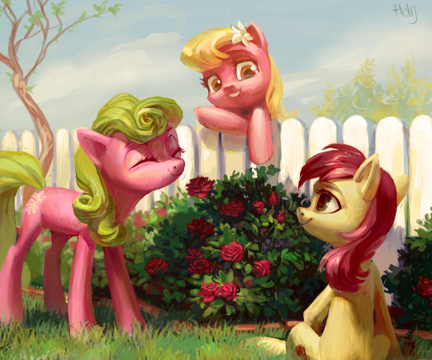 2015 absurd_res blonde_hair cloud cute cutie_mark daisy_(mlp) earth_pony equine eyebrows eyelashes eyes_closed female fence feral flower flower_in_hair friendship_is_magic grass green_eyes green_hair grin group hair happy hi_res holivi hooves horse leaning leaning_forward lily_(mlp) mammal my_little_pony nude orange_eyes outside plant pony red_hair rose rose_(mlp) shadow shrub signature sitting sky smile standing teeth tree