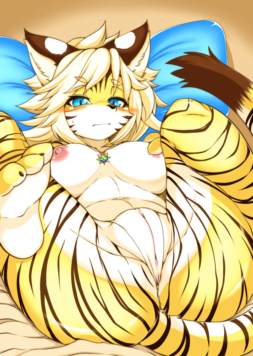 2018 anthro blonde_hair blush breasts feline female full_bokko_heroes_x hair mammal megane_inu pussy solo zhang_fei_(full_bokko_heroes_x) zhang_fei_(fullbokko_heroes)