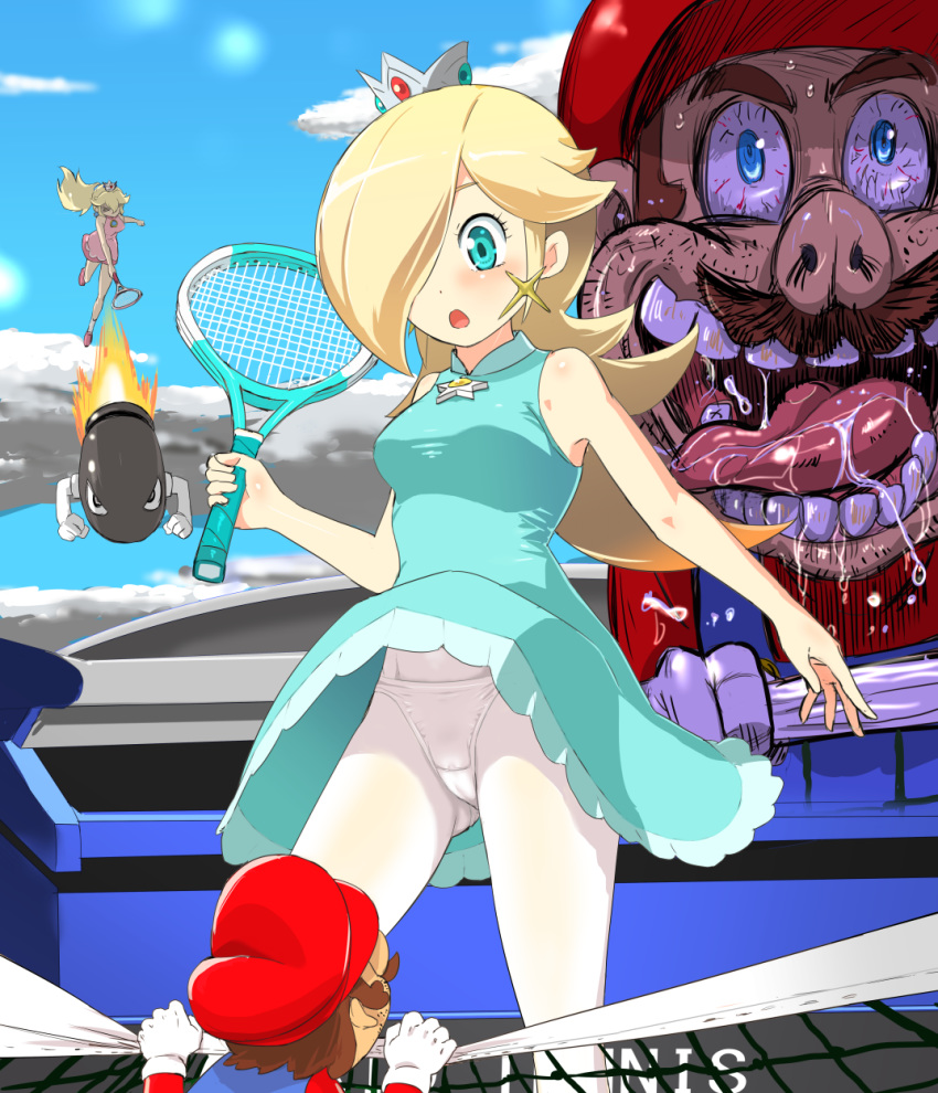 1boy 2girls blonde_hair blue_eyes blush breasts brown_hair dress hair_over_one_eye looking_at_viewer mario mario_tennis multiple_girls mushi_gyouza mustache panties pantyhose pervert princess_peach rosetta_(mario) see-through skirt super_mario_bros. tennis underwear white_legwear wind_lift