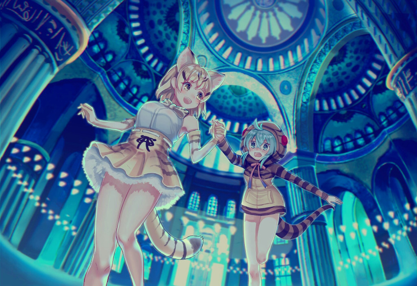 :d :o animal_ears arch architecture bare_legs blonde_hair blue blue_hair blush bow bowtie cat_ears cat_tail column commentary_request dome elbow_gloves eyebrows_visible_through_hair feet_out_of_frame frilled_skirt frills from_below gloves highres holding_hands hood hoodie istanbul kemono_friends long_sleeves looking_at_another mosque multicolored_hair multiple_girls neck_ribbon no_pants noah_(noxxxmo) nose_blush open_mouth pillar real_world_location ribbon sand_cat_(kemono_friends) scenery short_hair skirt sleeveless smile snake_tail striped sultan_ahmed_mosque tail tsuchinoko_(kemono_friends) turkey turkey_(country)