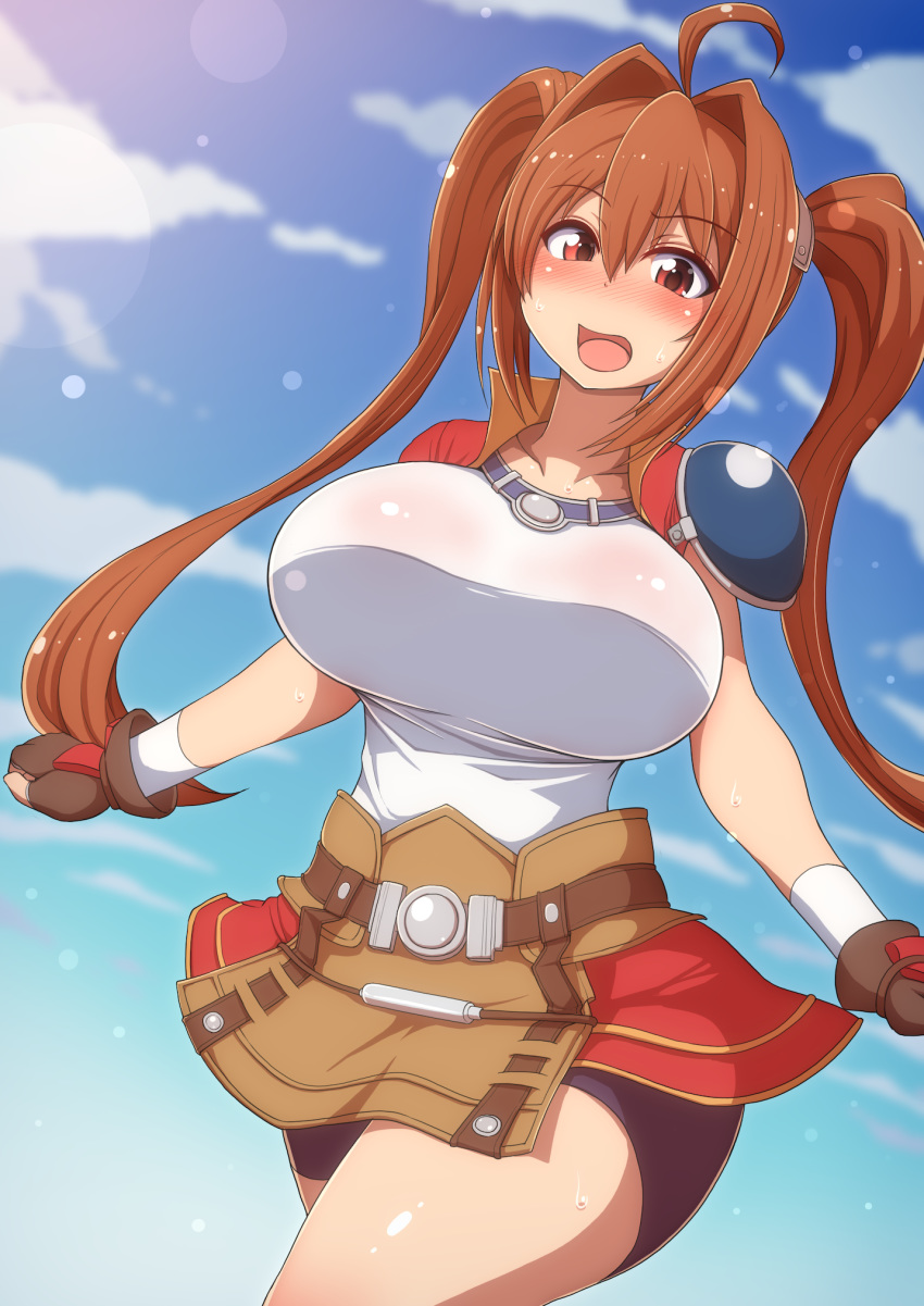 ahoge alternate_breast_size bike_shorts blush breasts brown_hair cloud cloudy_sky cowboy_shot day dutch_angle eiyuu_densetsu embarrassed estelle_bright gloves hair_between_eyes highres jacket large_breasts lens_flare long_hair looking_at_viewer miniskirt open_mouth ponpo red_eyes shirt shorts shorts_under_skirt shoulder_armor skirt sky solo sora_no_kiseki sweat twintails