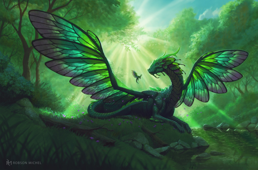 cloud creek cub dragon duo fairy_dragon feral flower forest green_scales insect_wings mother parent plant robson_michel scales sky sunbeam tree water wings young