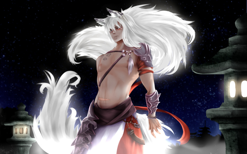 animal_humanoid armor demon fur hair humanoid light male night scar solo star temple tipsycanvas white_fur white_hair yokai