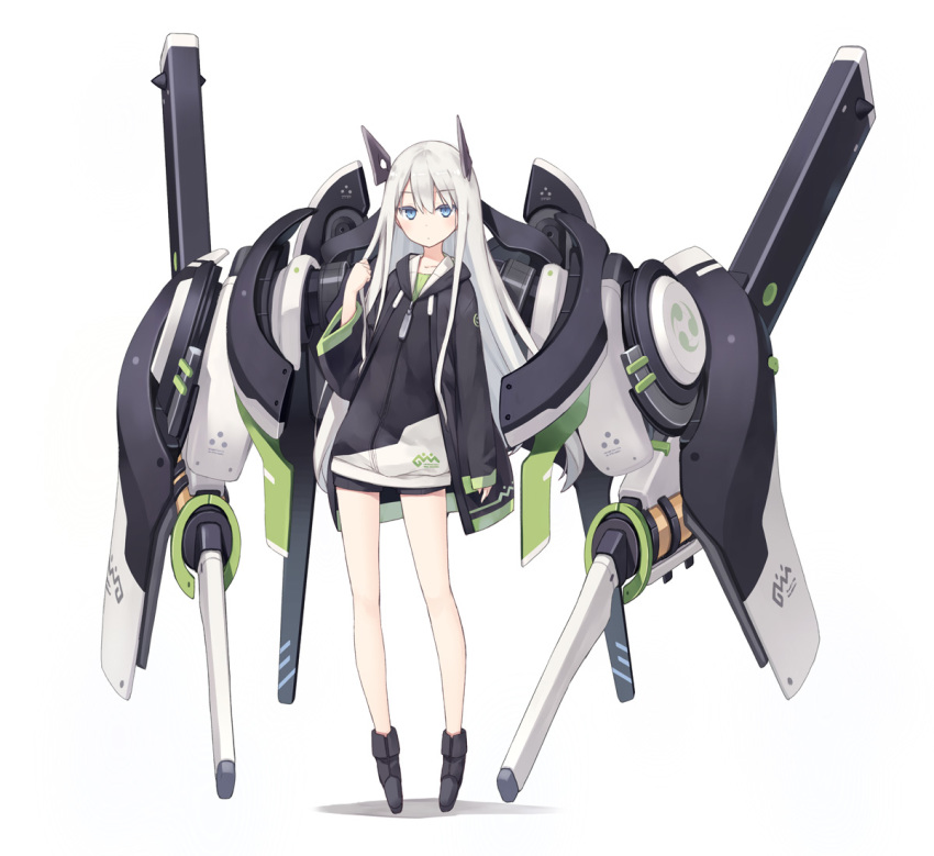 blue_eyes eyebrows_visible_through_hair full_body headgear jacket long_hair looking_at_viewer mecha_musume original poco_(asahi_age) short_shorts shorts sleeves_past_wrists solo white_background white_hair