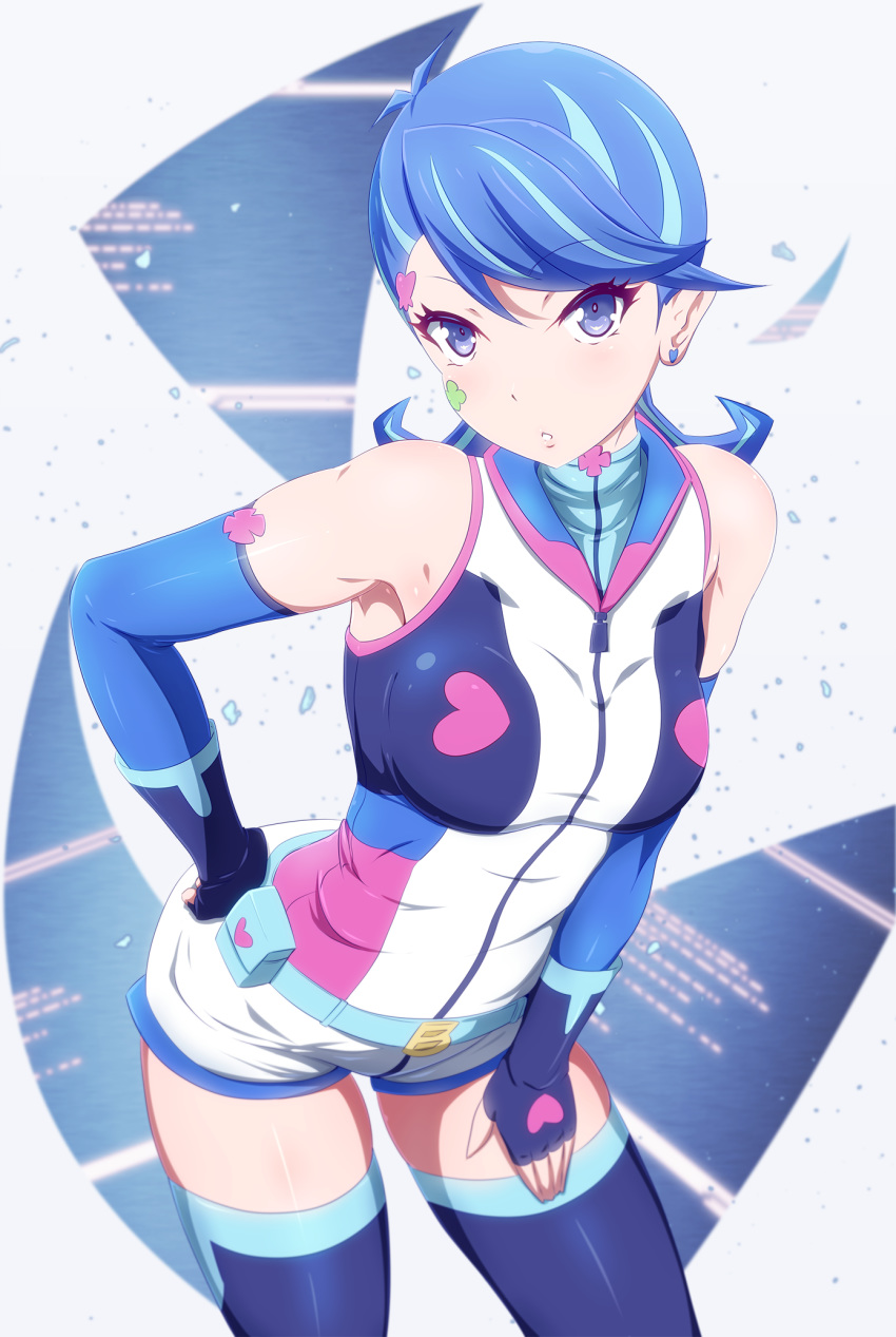 armpits belt blue_eyes blue_girl blue_gloves blue_hair blue_legwear breasts commentary_request danpu earrings elbow_gloves facial_tattoo fingerless_gloves gloves hand_on_hip hand_on_own_thigh heart heart_earrings highres jewelry looking_at_viewer medium_breasts multicolored_hair parted_lips shiny shiny_clothes shiny_hair shiny_skin short_hair shorts sleeveless solo streaked_hair tattoo teeth thighhighs white_shorts yuu-gi-ou yuu-gi-ou_vrains zaizen_aoi zipper
