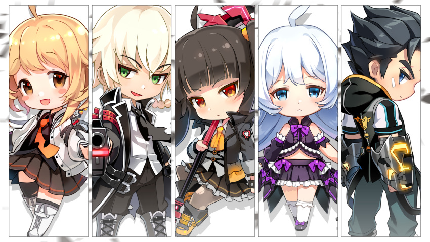 3girls :/ :d ahoge asymmetrical_sleeves bandaid bandaid_on_face bangs bare_shoulders black_coat black_hair black_hoodie black_jacket black_legwear black_neckwear black_pants black_shirt black_skirt blonde_hair blue_eyes blunt_bangs blush_stickers boots bow bowtie braid brown_eyes brown_hair brown_legwear brown_skirt buckle chibi closed_mouth coat collared_shirt column_lineup cross-laced_footwear erwin_arclight eyebrows_visible_through_hair frilled_skirt frills green_eyes gun hair_between_eyes haru_estia head_tilt high_collar highres holding holding_gun holding_weapon hood hood_down hoodie jacket jin_seipatsu knee_boots kneehighs lace-up_boots lily_bloomerchen long_hair long_sleeves looking_at_viewer medium_hair multiple_boys multiple_girls necktie non-web_source open_clothes open_coat open_jacket open_mouth orange_eyes orange_neckwear pants pantyhose parted_lips pleated_skirt pointing pointing_at_viewer profile purple_bow purple_neckwear red_eyes shiny shiny_hair shirt sidelocks single_braid skirt sleeveless sleeveless_shirt smile soul_worker staff standing stella_unibell tareme thighhighs torn_clothes torn_legwear tsurime twintails unbuckled weapon white_background white_footwear white_hair white_jacket white_legwear white_shirt wing_collar yellow_footwear yellow_neckwear