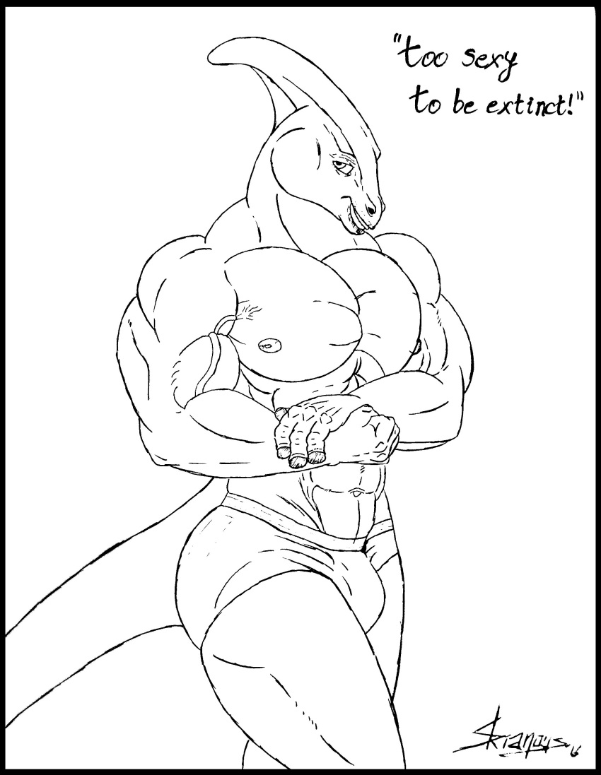 2016 black_and_white bulge clothing dinosaur eden_walker english_text flexing humor line_art looking_at_viewer male monochrome muscular parasaurolophus skianous smile text underwear