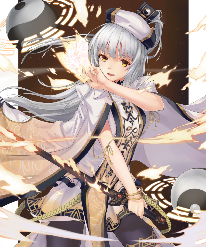 absurdres bangs bible_bullet black_legwear cape cowboy_shot finger_gun fire floating_hair hat highres holding holding_sword holding_weapon long_hair miniskirt pantyhose shiko_(pixiv3834224) silver_hair skirt solo standing sword very_long_hair weapon white_cape white_skirt yellow_eyes