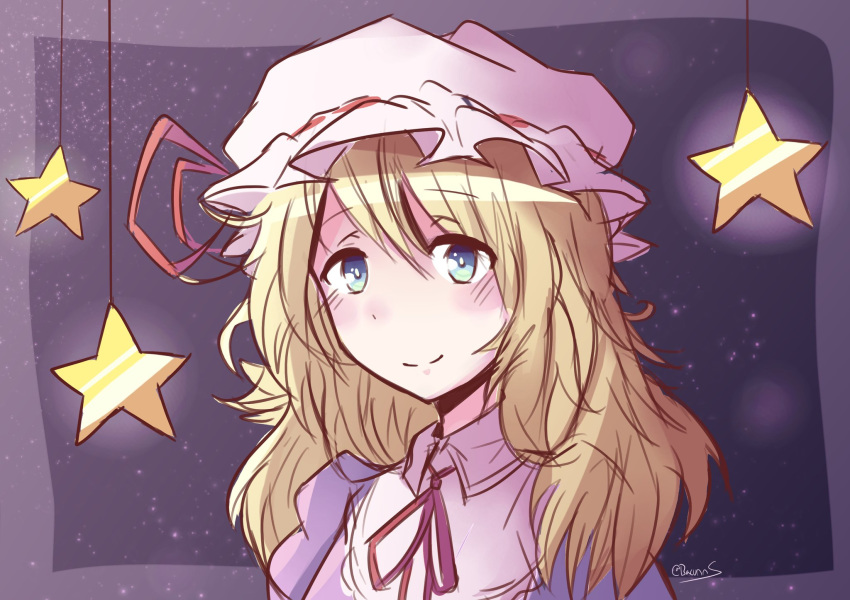 bacun bangs black_background blonde_hair blue_eyes blush closed_mouth collared_shirt commentary cutout dress eyebrows_visible_through_hair hat hat_ribbon highres looking_at_viewer maribel_hearn medium_hair mob_cap neck_ribbon portrait puffy_sleeves purple_dress ribbon shirt signature smile solo sparkle_background star string touhou white_skin