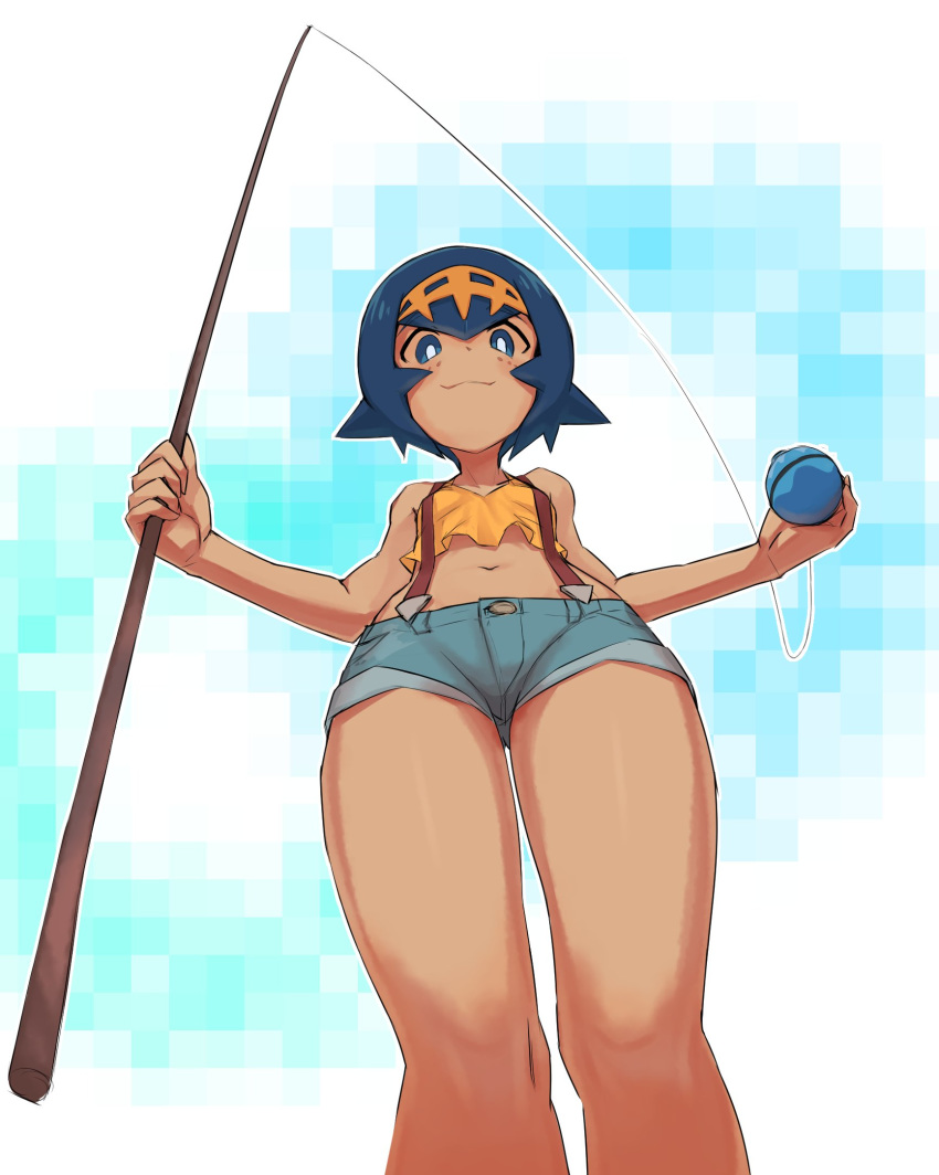 ass_visible_through_thighs bare_shoulders blue_eyes blue_hair blue_shorts commentary_request cosplay fishing_rod from_below hairband highres kasumi_(pokemon) kasumi_(pokemon)_(cosplay) nyonn24 pokemon pokemon_(game) pokemon_sm shirt short_hair short_shorts shorts solo suiren_(pokemon) suspender_shorts suspenders thighs trial_captain yellow_shirt