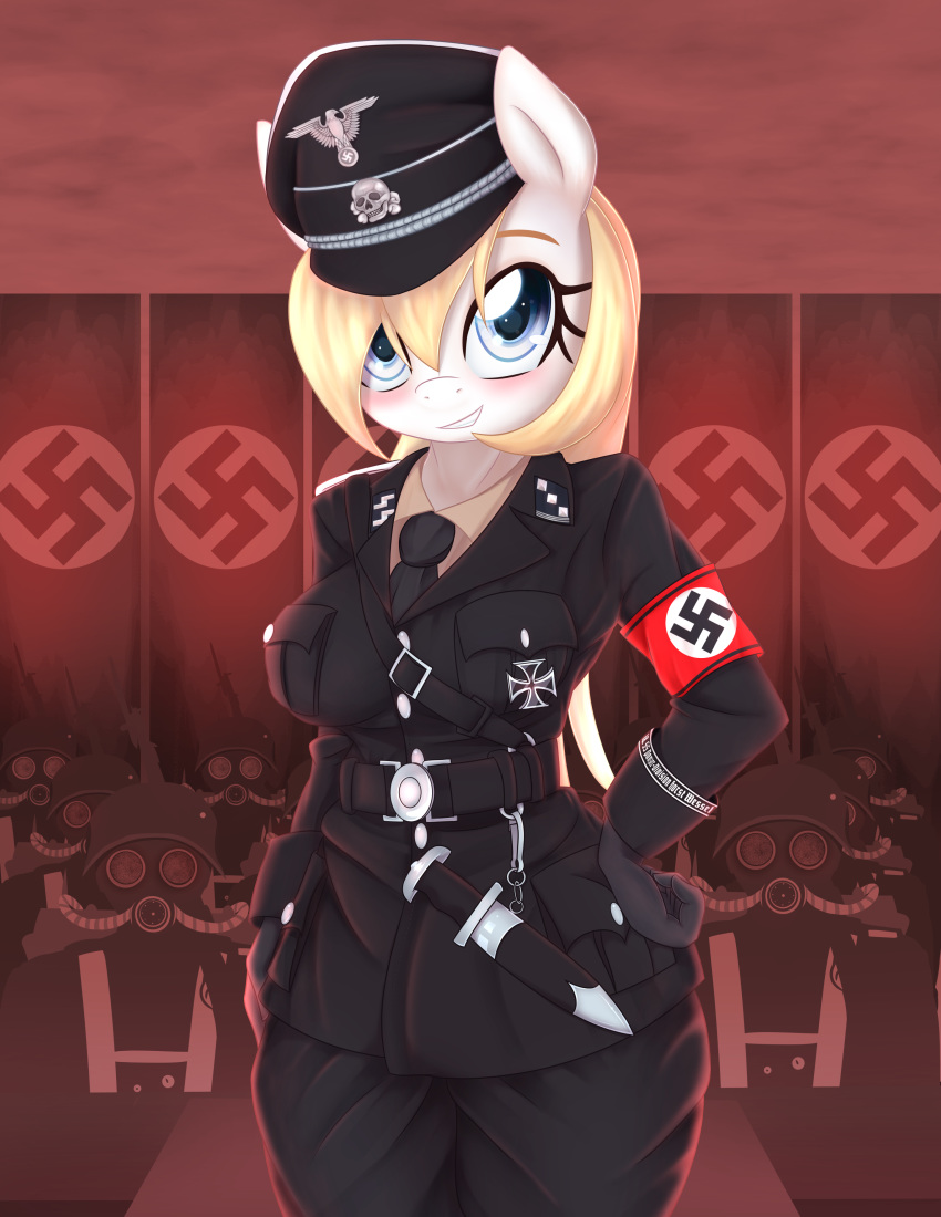 2018 ambiguous_gender an-m anthro aryanne aryanne_(character) blonde_hair blue_eyes blush clothing equine fan_character female gas_mask hair horse knife mammal mask my_little_pony nazi pony swastika uniform