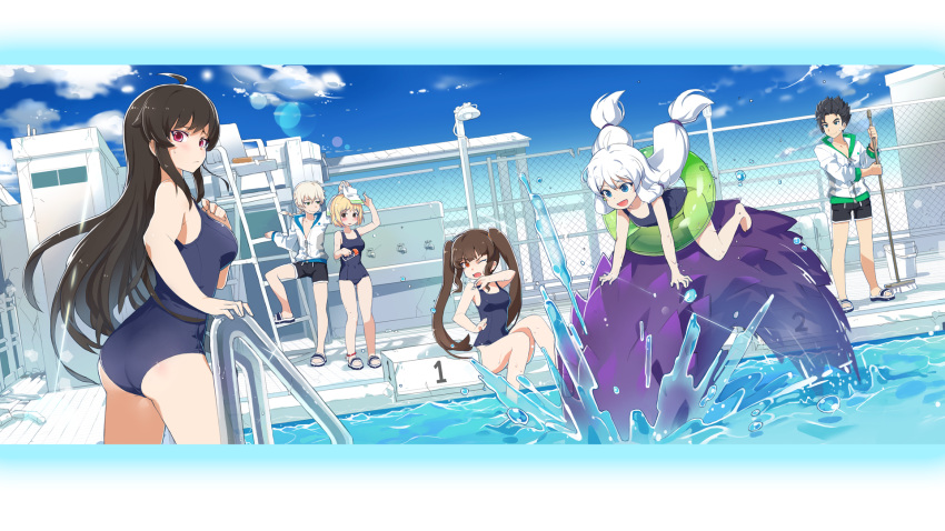 4girls :d ahoge arm_up artist_name ass bandaid bandaid_on_face bangs bare_arms bare_legs bare_shoulders barefoot black_hair black_shorts blonde_hair blue_eyes blue_sky blue_swimsuit blush book bottle braid breasts broom brown_eyes brown_hair bucket chain-link_fence closed_mouth cloud collarbone creature day erwin_arclight eyebrows_visible_through_hair faucet fence flip-flops green_eyes hair_tie half-closed_eyes hand_up haru_estia highres holding holding_bottle innertube iris_yuma jacket jin_seipatsu ladder lifeguard_chair lily_bloomerchen long_hair looking_at_another looking_at_viewer looking_back low_twintails medium_breasts multiple_boys multiple_girls non-web_source number old_school_swimsuit one-piece_swimsuit one_eye_closed open_mouth orange_eyes outdoors partially_unzipped pink_eyes pool pool_ladder sandals school_swimsuit see-through short_hair shorts sidelocks single_braid sitting sky small_breasts smile smirk soaking_feet soul_worker spiked_hair splashing standing stella_unibell sweatdrop swimsuit towel towel_on_head tsurime twintails water_drop wet wet_hair white_hair white_jacket white_towel zipper zipper_pull_tab