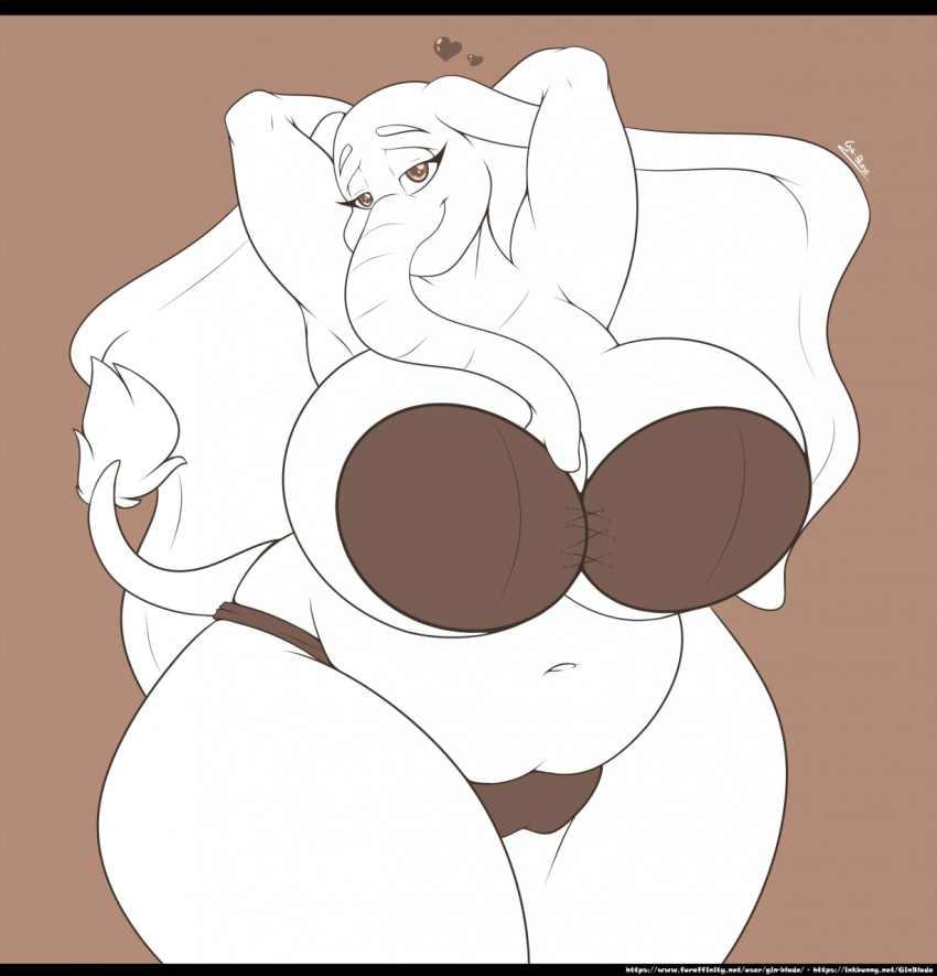 2018 amanda_fairhart anthro belly big_belly big_breasts big_ears bra breasts cleavage clothed clothing digital_media_(artwork) elephant eyebrows female gin-blade hands_behind_head hi_res huge_breasts looking_at_viewer mammal overweight overweight_female panties solo strapless_bra tail_tuft thick_thighs trunk tuft underwear voluptuous wide_hips