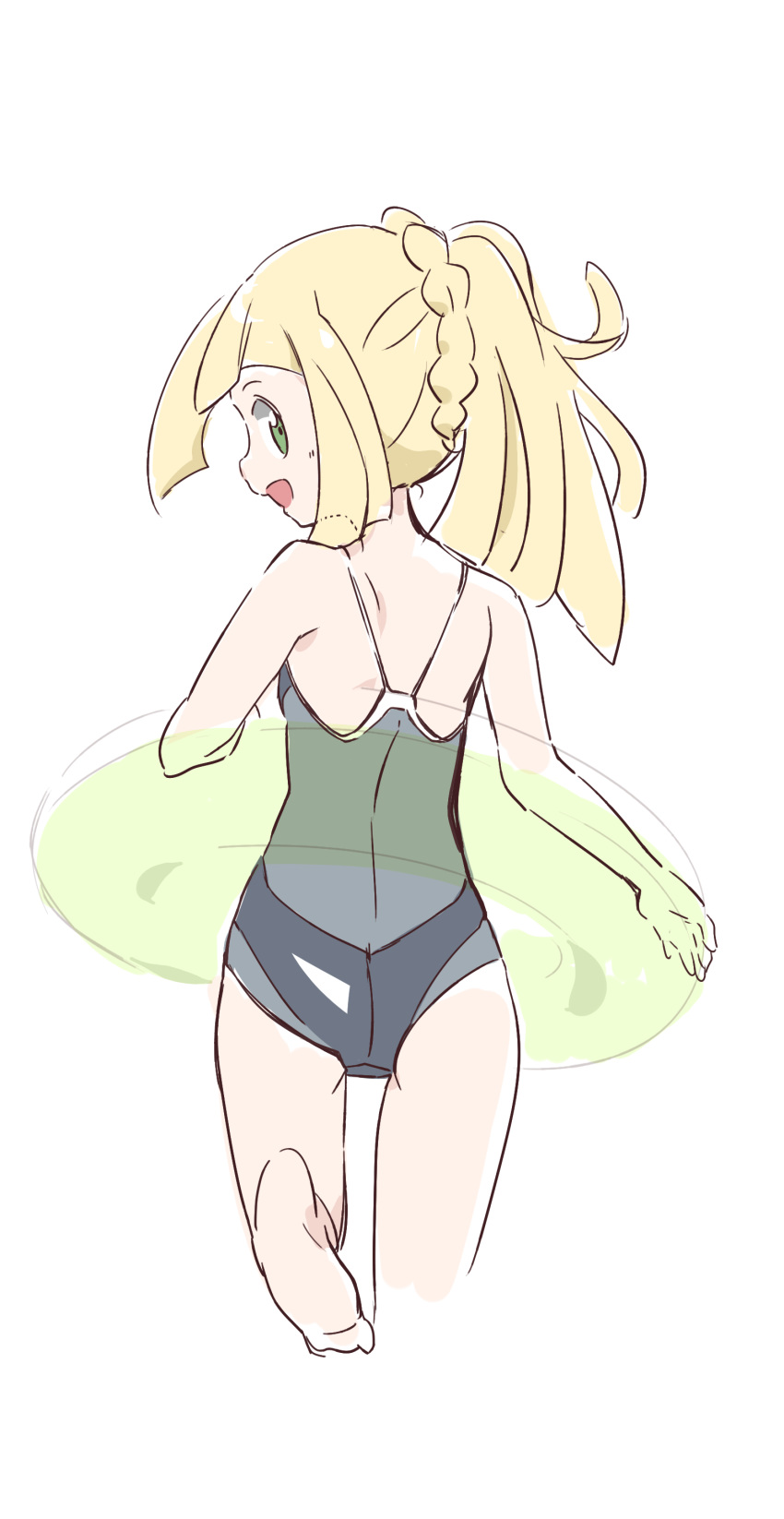 absurdres ass bare_shoulders blonde_hair from_behind green_eyes green_innertube grey_swimsuit highres innertube lillie_(pokemon) long_hair looking_at_viewer looking_back nagitaro one-piece_swimsuit open_mouth pokemon pokemon_(game) pokemon_sm ponytail running simple_background smile solo swimsuit white_background