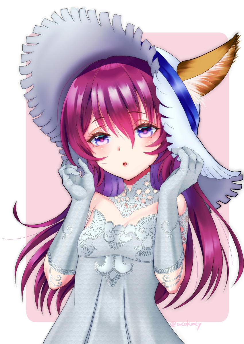 animal_ears bare_shoulders commentary_request detached_collar dog_ears dress elbow_gloves elin_(tera) gloves hands_on_headwear hat highres kumehara_chiyota long_hair open_mouth purple_eyes purple_hair solo strapless strapless_dress sun_hat tera_online upper_body white_dress white_gloves