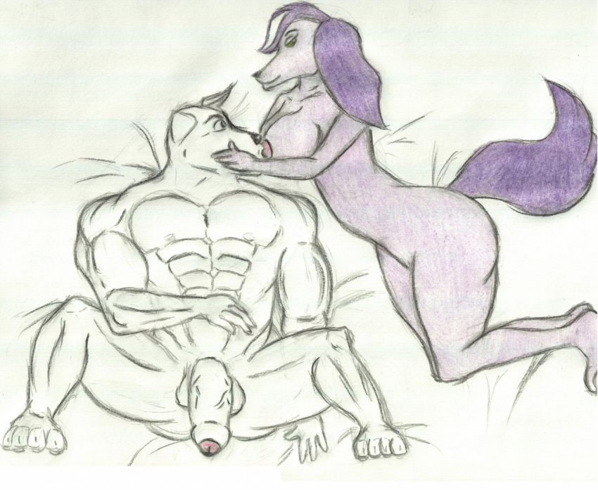 alternate_universe anthro anthrofied balls bed brainy_barker breastfeeding breasts canine crazycompany_(artist) dog female humanoid_penis husband_and_wife krypto krypto_the_superdog male male/female mammal muscular nude pecs penis saluki traditional_media_(artwork)