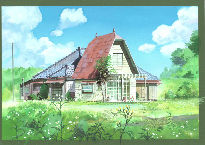 anchoku_0621 blue_sky calligraphy_brush_(medium) cloud cloudy_sky commentary_request day flower grass highres house no_humans palm_tree power_lines sky telephone_pole tonari_no_totoro tree