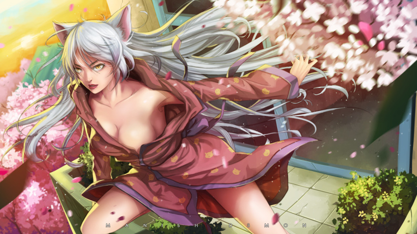 animal_ears animal_print artist_name artist_request black_hanekawa breasts cat_ears cat_print cherry_blossoms commentary hanekawa_tsubasa large_breasts lipstick long_hair makeup monogatari_(series) open_clothes parted_lips red_lipstick silver_hair slit_pupils solo very_long_hair yellow_eyes