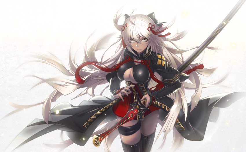 ahoge arikanrobo arm_guards bangs battoujutsu_stance black_bow black_coat black_footwear boots bow breasts closed_mouth coat collarbone commentary_request dark_skin dress family_crest fate/grand_order fate_(series) fighting_stance floating_hair hair_between_eyes hair_bow hair_ornament high_collar highres holding holding_sheath large_breasts light_particles long_hair looking_at_viewer okita_souji_(alter)_(fate) okita_souji_(fate)_(all) ootachi open_clothes open_coat red_dress serious sheath short_dress short_sleeves silver_hair solo standing tassel thigh_boots thigh_strap thighhighs tied_hair v-shaped_eyebrows very_long_hair white_background white_eyes wind