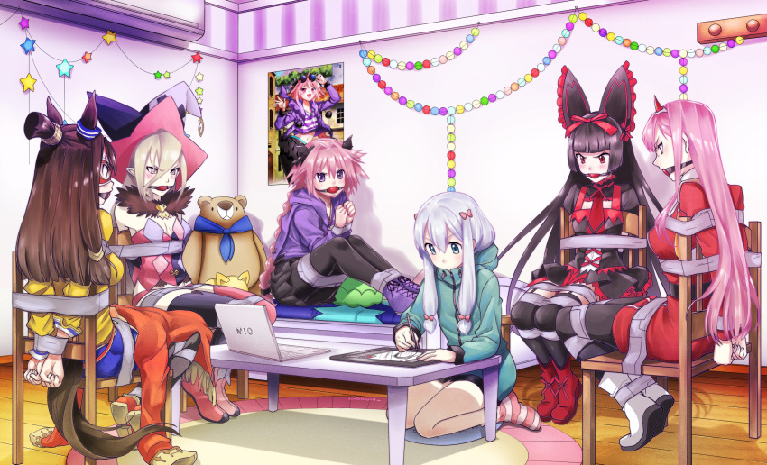 animal_ears astolfo bondage breasts cleavage crossover darling_in_the_franxx el_condor_pasa eromanga-sensei eudetenis fate/grand_order fate_(series) horns izumi_sagiri pantyhose pointed_ears stockings tail thighhighs trap uma_musume:_pretty_derby uniform zero_two