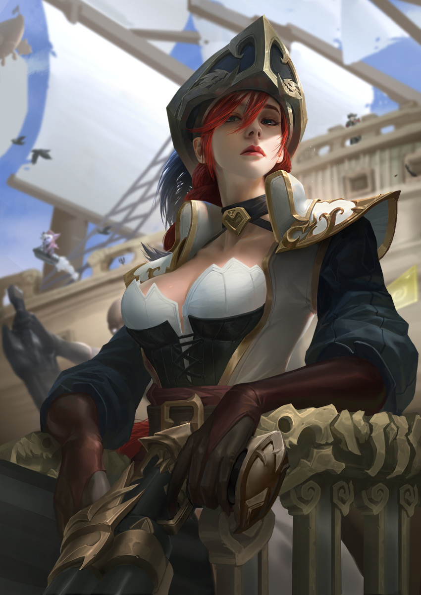 bangs belt bird blurry blurry_background breasts character_request choker closed_mouth cloud collarbone commentary gloves hair_between_eyes hat highres league_of_legends lejia_chan long_hair long_sleeves looking_at_viewer md5_mismatch pirate_costume pirate_hat realistic red_hair sails sarah_fortune ship shoulder_pads sky solo watercraft