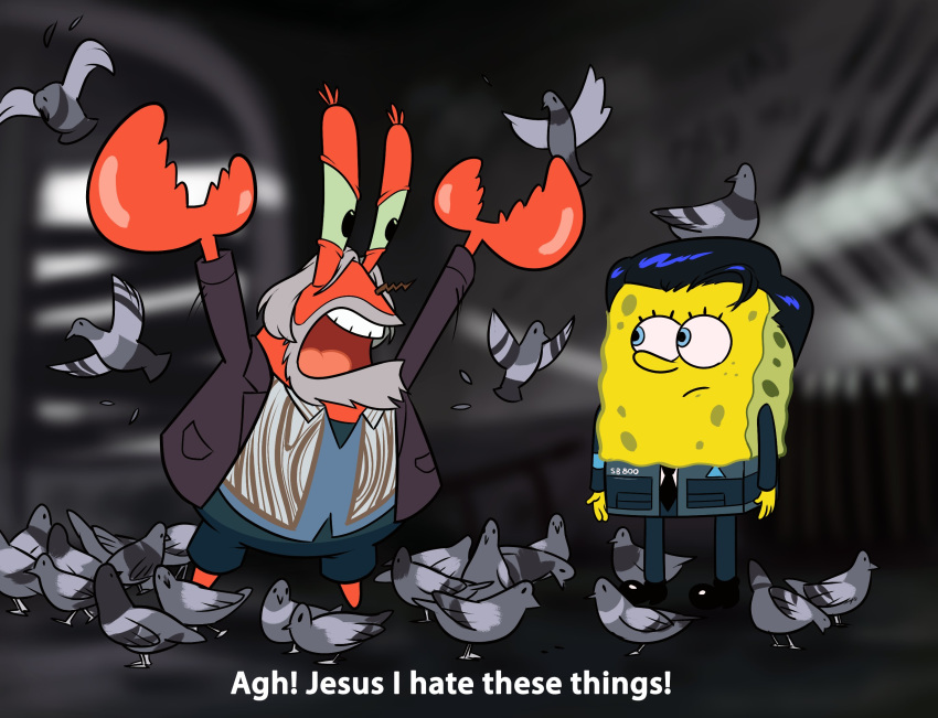 angusburgers arthropod avian beard bird clothing connor_(detroit) crab crustacean detroit:_become_human dialogue english_text facial_hair hank_(detroit) marine mr_krabs nickelodeon pigeon sea_sponge spongebob_squarepants spongebob_squarepants_(character) suit text