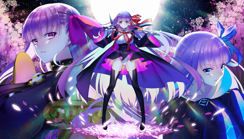 ass_visible_through_thighs bb_(fate)_(all) bb_(fate/extra_ccc) belt_collar black_coat black_legwear blue_eyes blue_ribbon breasts closed_mouth commentary_request face fate/extra fate/extra_ccc fate_(series) flower full_body full_moon gloves hair_ribbon high-waist_skirt highres holding holding_wand huge_breasts juliet_sleeves large_breasts long_hair long_sleeves looking_at_viewer meltlilith moon multiple_girls o-ring o-ring_top parted_lips passion_lip petals pink_eyes puffy_sleeves purple_eyes purple_hair purple_ribbon red_ribbon ribbon skirt sleeves_past_wrists smile thighhighs thighs very_long_hair wand white_gloves wide_sleeves yaoshi_jun