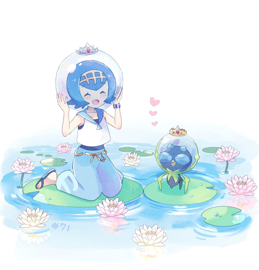 ^_^ ^o^ arms_up bangs blue_hair blue_pants blush bubble closed_eyes collarbone commentary crown dewpider eyebrows_visible_through_hair facing_viewer flower full_body gen_7_pokemon hairband heart helmet highres kneeling lily_(flower) lily_pad mei_(maysroom) open_mouth pants pokemon pokemon_(anime) pokemon_(creature) pokemon_sm_(anime) ripples sailor_collar sandals shirt short_hair simple_background sleeveless sleeveless_shirt smile suiren_(pokemon) swimsuit swimsuit_under_clothes trial_captain water water_drop white_background white_shirt z-ring