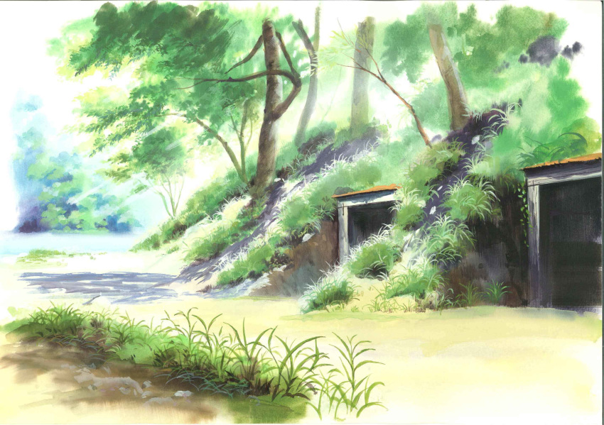 calligraphy_brush_(medium) commentary day forest grass highres hotaru_no_haka nature no_humans outdoors river takahata_isao traditional_media tree watercolor_(medium)