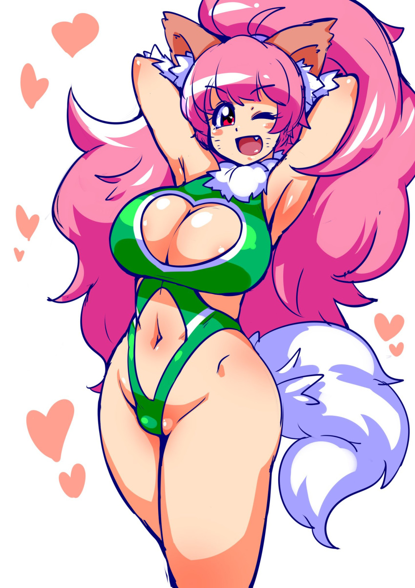 1girl animal_ears bare_legs bare_shoulders breasts cat_ears cat_girl cleavage cleavage_cutout curvy female happy heart_cutout highleg highleg_leotard highres large_breasts leotard partially_visible_vulva paw_print perisie_(star_ocean) pink_hair ponytail ryoi shiny shiny_skin simple_background smile solo standing star_ocean star_ocean_first_departure thick_thighs thighhighs thighs thong_leotard very_long_hair wink