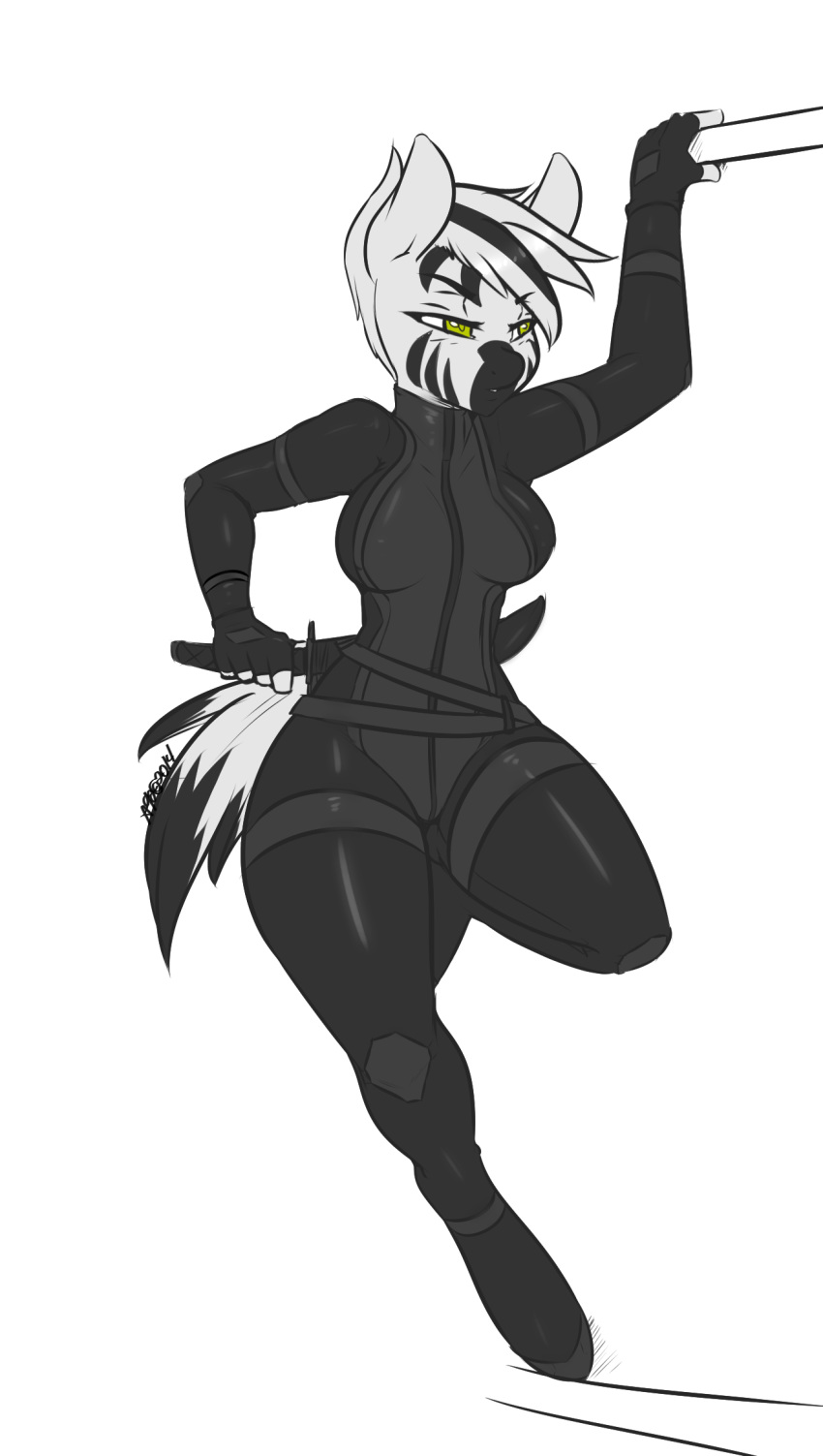 2014 anthro avante92 bodysuit breasts clothing equine fan_character female hi_res mammal melee_weapon my_little_pony ninja pose pyrite_(oc) rubber skinsuit solo stripes sword thick_thighs tight_clothing weapon wide_hips yellow_eyes zebra