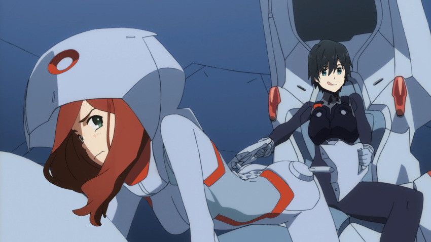 1boy 1girl a-1_pictures all_fours bangs black_bodysuit black_hair blue_eyes bodysuit breasts brown_hair couple darling_in_the_franxx doggystyle green_eyes hetero hiro_(darling_in_the_franxx) holding lips long_hair looking_at_viewer medium_breasts nana_(darling_in_the_franxx) pilot_suit short_hair tongue tongue_out white_bodysuit