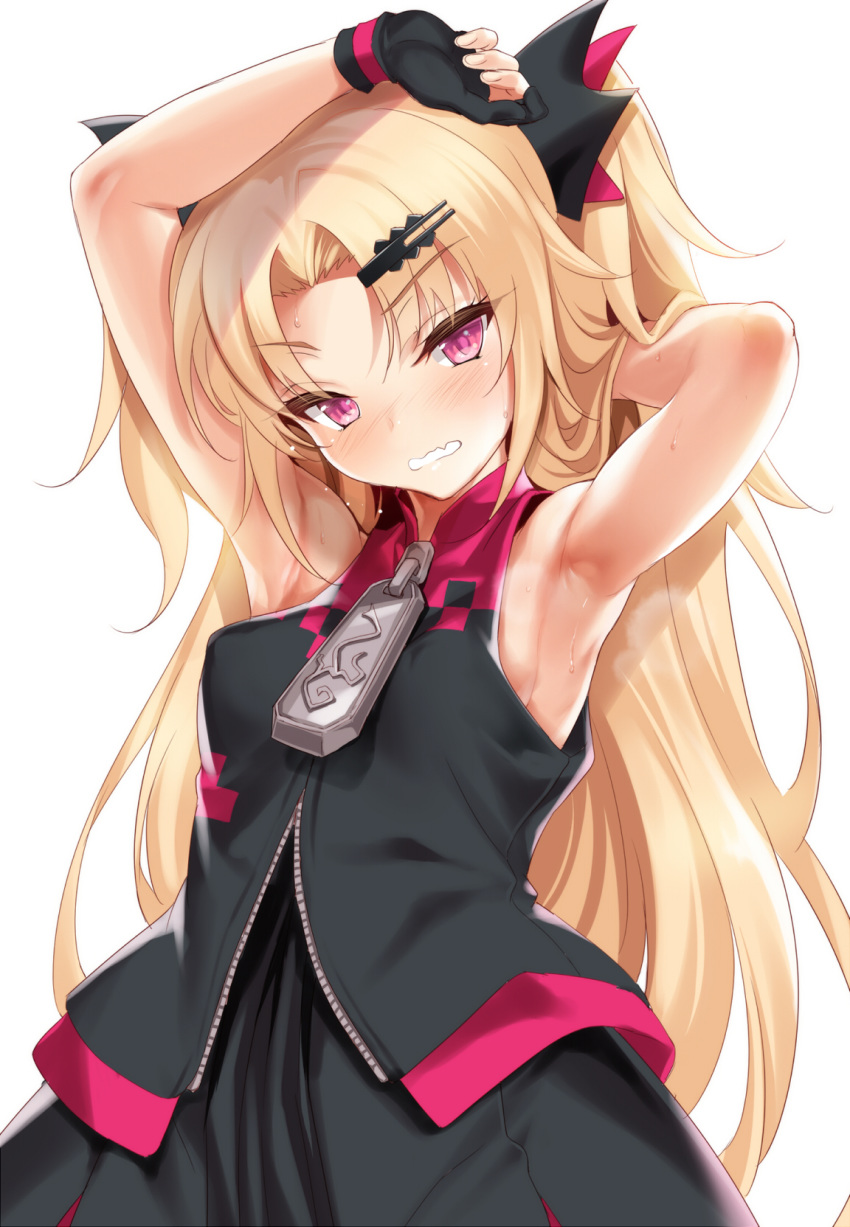 akatsuki_yuni arm_above_head armpits black_bow black_gloves blonde_hair blush blush_stickers bow breasts checkered clenched_teeth commentary eyebrows_visible_through_hair fingerless_gloves gloves hair_bow hair_ornament hairpin highres kure_masahiro long_hair looking_at_viewer pink_eyes red_bow smelling solo teeth uni_channel white_background zipper zipper_pull_tab