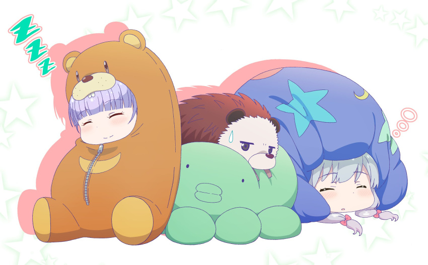 =_= animal_costume bangs bear_costume blunt_bangs blush closed_eyes commentary_request crossover eromanga_sensei grey_hair highres izumi_sagiri jitome looking_at_viewer multiple_girls new_game! pajamas parted_lips pink_x sleeping smile soujirou_(new_game!) stuffed_animal stuffed_toy suzukaze_aoba sweatdrop wide_face zzz