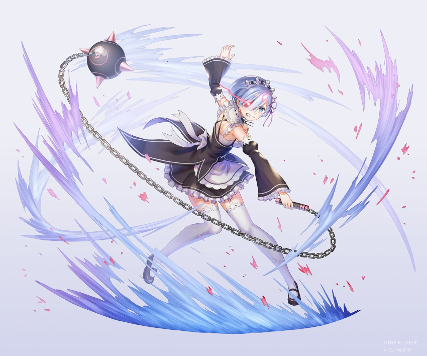 anbe_yoshirou apron ball_and_chain bangs blue_eyes blue_hair breasts clenched_teeth commentary_request detached_sleeves dress garter_straps glowing glowing_eye gradient gradient_background hair_ornament highres holding maid mary_janes medium_breasts parted_lips re:zero_kara_hajimeru_isekai_seikatsu rem_(re:zero) shoes short_hair sleeveless solo spike_ball teeth thighhighs waist_apron weapon white_legwear x_hair_ornament zettai_ryouiki