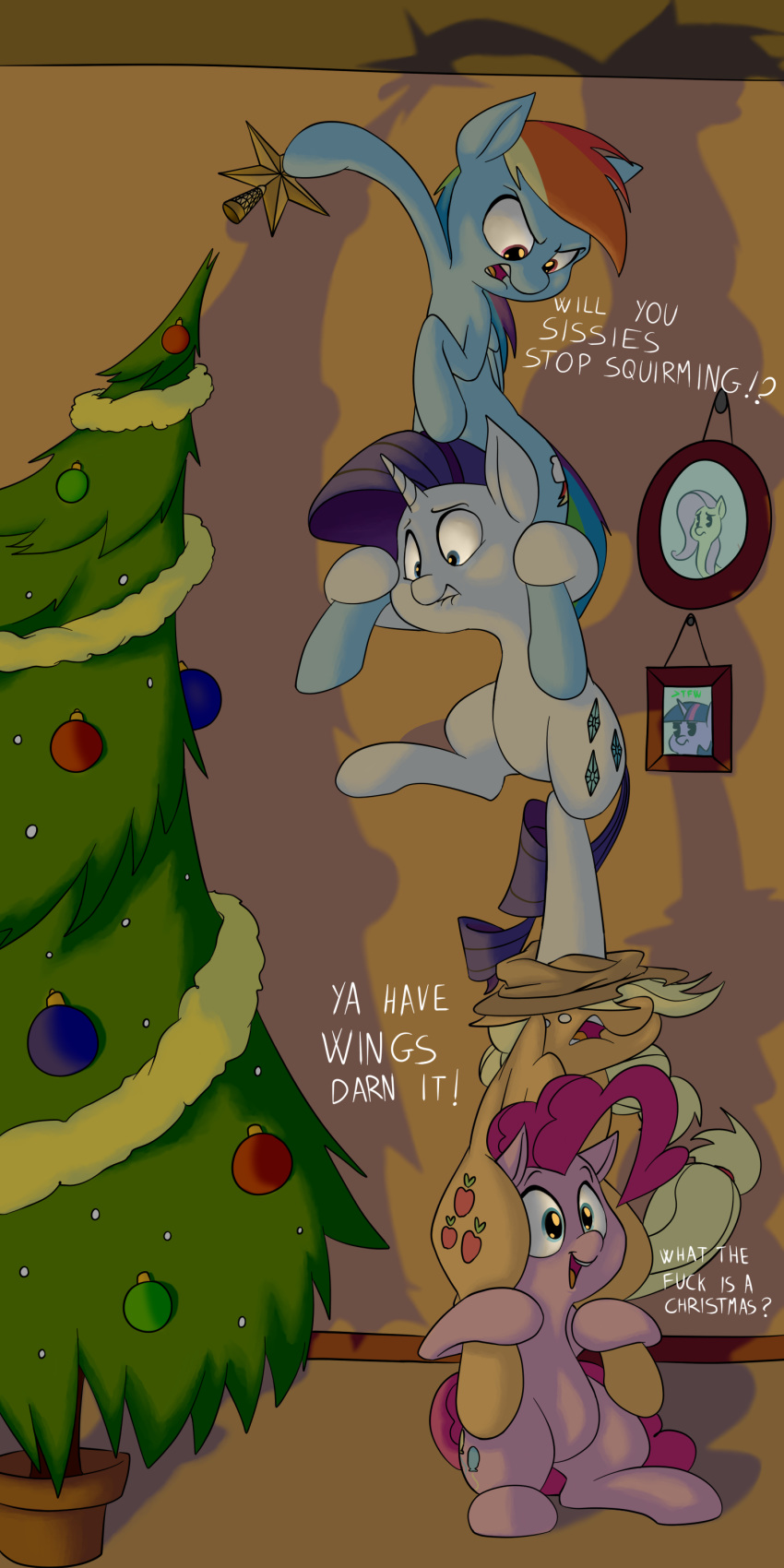 2016 anontheanon applejack_(mlp) blonde_hair blue_eyes blue_feathers blue_fur christmas christmas_tree cutie_mark earth_pony english_text equine feathered_wings feathers female feral freckles friendship_is_magic fur group hair hat hi_res holidays horn horse inside mammal multicolored_hair multicolored_tail my_little_pony orange_fur pegasus pink_fur pink_hair pinkie_pie_(mlp) pony purple_eyes purple_hair rainbow_dash_(mlp) rainbow_hair rainbow_tail rarity_(mlp) text tree unicorn white_fur wings