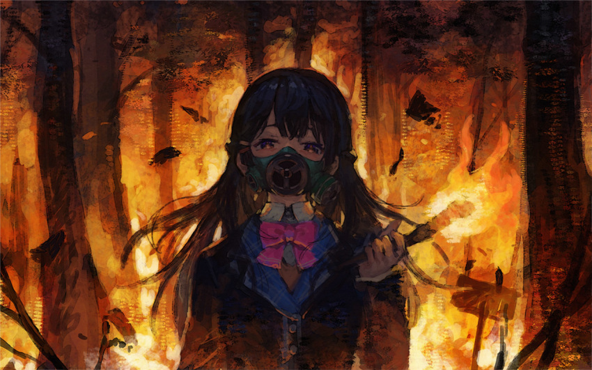 arm_at_side arm_up bangs benitama black_hair black_jacket bow bowtie colorized commentary fire gas_mask holding holding_torch jacket long_hair long_sleeves looking_at_viewer nijisanji pink_neckwear solo torch tsukino_mito virtual_youtuber white_collar wing_collar