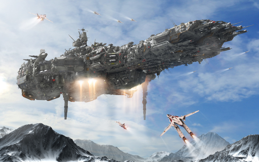 3d absurdres blue_sky choujikuu_yousai_macross cloud commentary dated derivative_work energy_cannon english_commentary epic fleet flying gerwalk highres insignia machinery macross macross:_do_you_remember_love? macross_frontier mecha missile_pod mountain mountainous_horizon no_humans radar_dish radio_antenna railgun realistic redesign reference_work robotech roundel s.m.s. science_fiction sdf-1 signature sky snow space_craft thrusters u.n._spacy variable_fighter vf-25 yann-s
