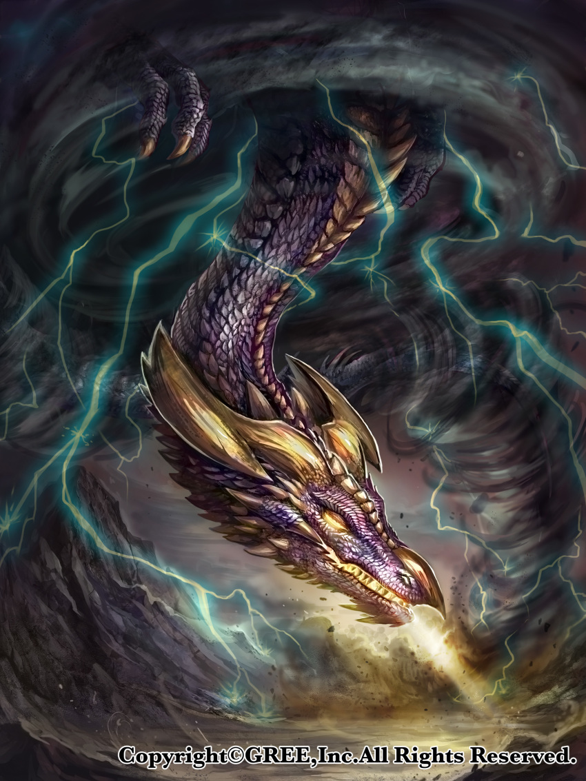 commentary dragon glowing glowing_eyes highres lightning monster no_humans official_art seisen_cerberus storm tornado watermark yellow_eyes z.dk