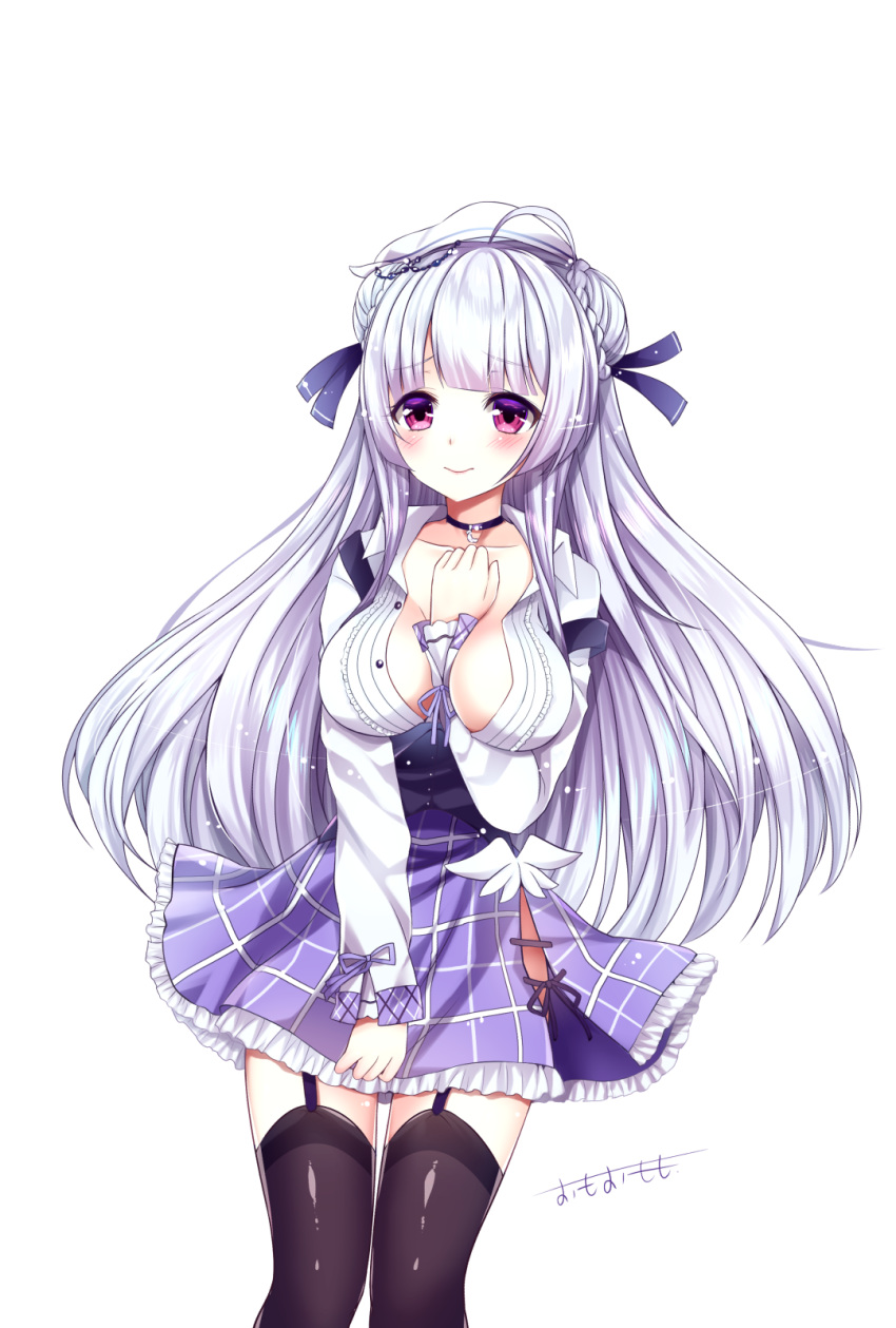 azur_lane between_breasts black_legwear breasts checkered checkered_skirt commentary_request cygnet_(azur_lane) double_bun frilled_skirt frills garter_straps grey_hair hand_between_breasts hat highres large_breasts long_hair long_sleeves omoomomo purple_eyes school_uniform serafuku side_slit skirt solo thighhighs