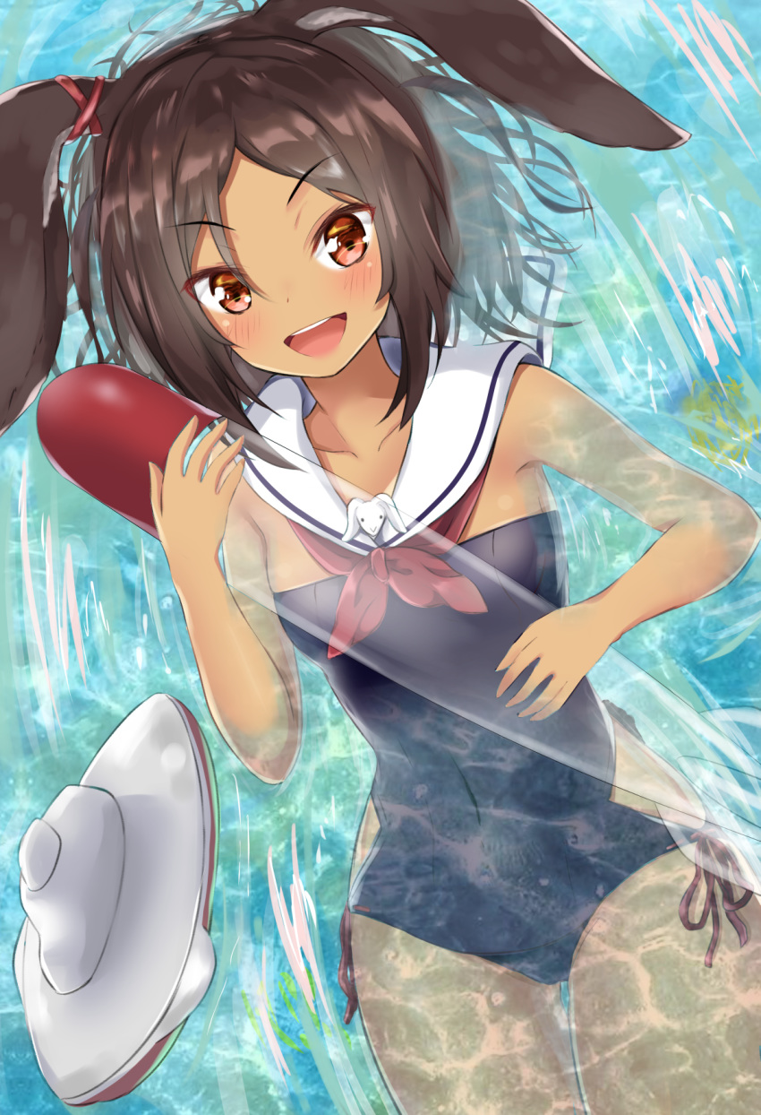 afloat animal_ears armpits azur_lane bangs black_hair blue_swimsuit bow breasts bunny_ears bunny_tail collarbone commentary_request covered_navel cowboy_shot detached_collar dutch_angle ear_ribbon eyebrows_visible_through_hair hair_between_eyes happy highres hip_vent hips holding i-26_(azur_lane) inflatable_toy koda_(k-works) legs_together lying nontraditional_school_swimsuit on_back one-piece_swimsuit open_mouth parted_bangs partially_submerged red_eyes red_ribbon ribbon ribbon-trimmed_swimsuit ribbon_trim sailor_collar school_swimsuit short_hair side-tie_swimsuit small_breasts smile solo strapless strapless_swimsuit swimsuit tail tan thigh_gap thighs transparent water white_sailor_collar