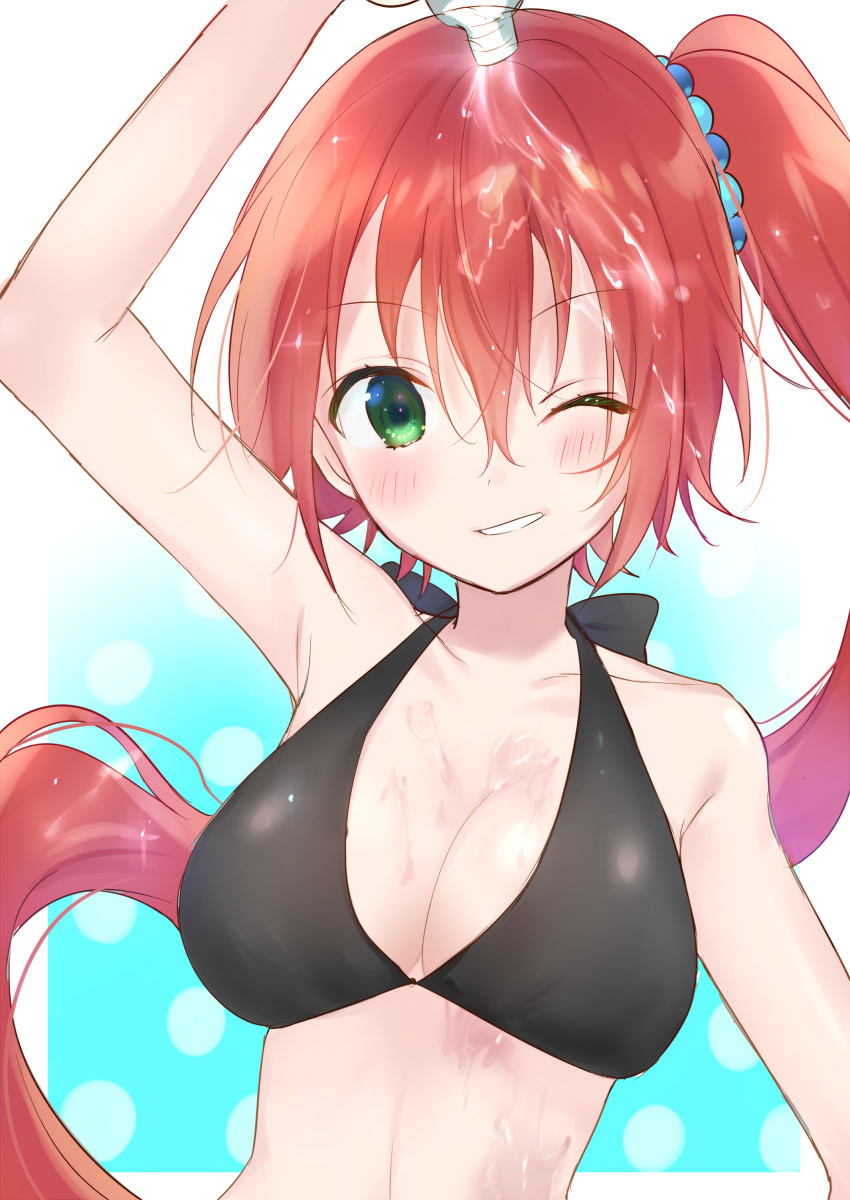 absurdres arm_up black_background black_bikini_top blush bottle breasts cleavage collar eyebrows_visible_through_hair grin hair_between_eyes hair_ornament highres holding holding_bottle kakizato large_breasts long_hair one_eye_closed original red_hair side_ponytail smile solo upper_body very_long_hair water water_bottle