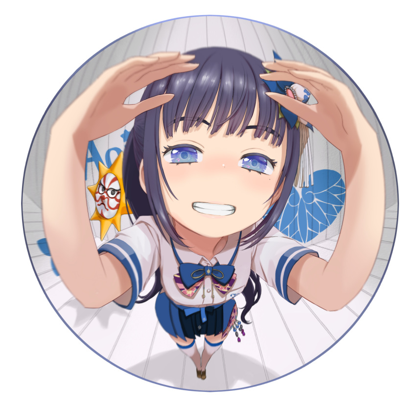 aoi_ch. bangs blue_bow blue_eyes blue_skirt bow brown_footwear clenched_teeth commentary_request copyright_name eyebrows_visible_through_hair fisheye fuji_aoi grin hair_ornament highres long_hair looking_at_viewer short_sleeves skirt smile socks solo standing star teeth virtual_youtuber white_legwear yoshida_on