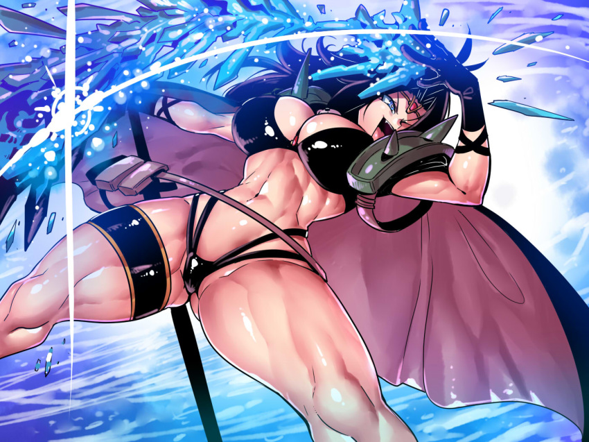 black_gloves blue_eyes breasts cape circlet cleavage commentary_request gloves jewelry large_breasts long_hair muscle muscular_female naga_the_serpent navel necklace revealing_clothes slayers solo spikes thigh_strap tsuki_wani
