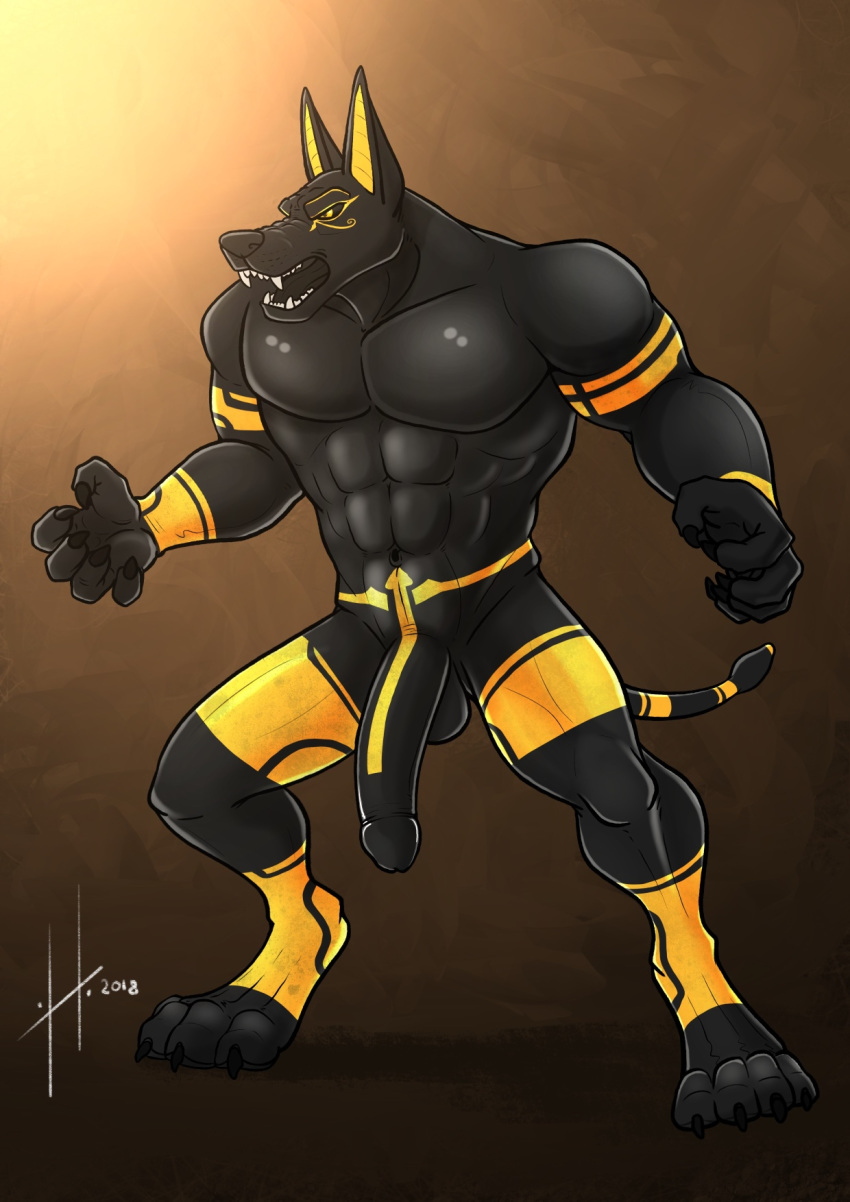 2018 5_fingers abs anthro anubian_jackal balls biceps black_balls black_claws black_nose black_penis black_tail canine claws eye_markings eyebrows front_view hufnaar jackal long_ears male mammal markings multicolored_tail muscular muscular_male nude open_mouth pecs penis rubber solo standing teeth thick_thighs tongue triceps wawik yellow_eyes yellow_markings yellow_tail