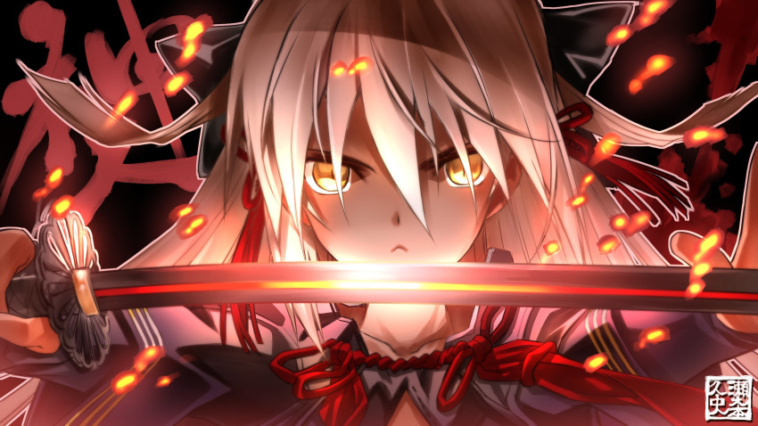 black_bow bow close-up commentary_request dark_skin embers fate/grand_order fate_(series) hair_between_eyes hair_bow highres katana long_hair looking_at_viewer okita_souji_(alter)_(fate) okita_souji_(fate)_(all) portrait senomoto_hisashi solo sword tassel tied_hair translation_request weapon white_hair yellow_eyes