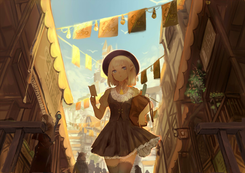 1girl 6+others animal_ears bad_perspective bag bird black_hat blonde_hair blue_eyes blush buttons carrot castle cloak corset cross flying food frilled_legwear frilled_skirt frills hat highres holding holding_bag lamppost looking_back multiple_others note open_mouth original paper plant pointy_ears pot potted_plant shiabisu shop short_hair sign silhouette skirt staff storefront thighhighs vegetable walking