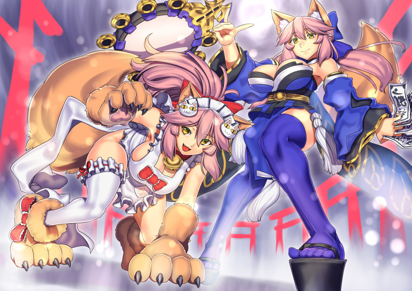 animal_ear_fluff animal_ears apron bare_shoulders bell bell_collar blue_legwear bow breasts cat_hair_ornament cat_paws cleavage collar detached_sleeves dual_persona fangs fate/extra fate/grand_order fate_(series) fox_ears fox_shadow_puppet fox_tail gloves hair_bow hair_ornament hair_ribbon japanese_clothes jingle_bell large_breasts maid_headdress mirror multiple_girls naked_apron paw_gloves paw_shoes paws pink_hair ribbon shoes suiten_nikkou_amaterasu_yanoshisu_ishi tail tamamo_(fate)_(all) tamamo_cat_(fate) tamamo_no_mae_(fate) twintails yellow_eyes yui_sora